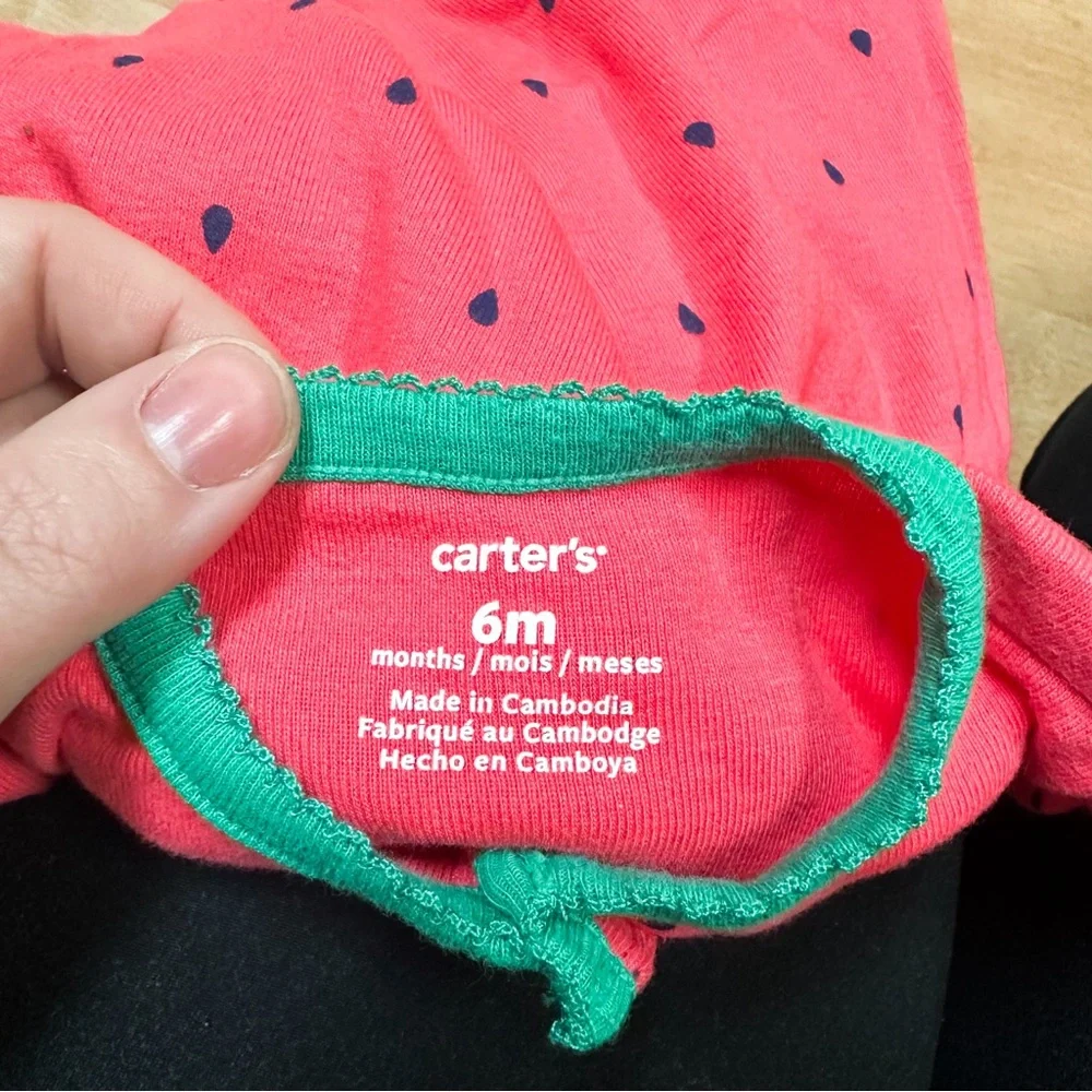 Carters Coral Black & Green Strawberry Bubble Romper Baby Girl Size 6M